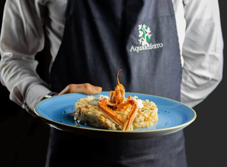 Nell'immagine, il primo piano sulle mani di un cameriere che reggono un piatto con un risotto ai crostacei, servito presso il Ristorante Aquadelferro dell'Hotel Santa Caterina. Sul grembiule grigio del cameriere c'è il logo del ristorante.
